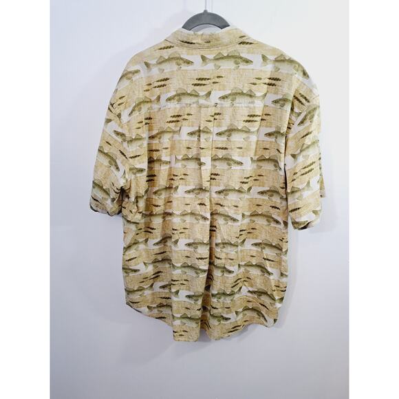 Woolrich Men's Tan Fish Print Short Sleeve Shirt In Large Fishing Outdoor Sport - Picture 2 of 4
